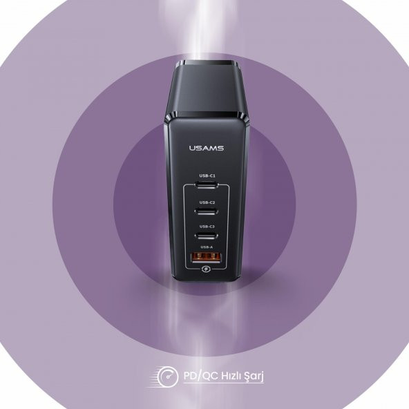 Usams US-CC163 T50 100W QC+PD 4 Port (3Type-C+1USB) GaN Hızlı Şarj Başlığı-Siyah - 8