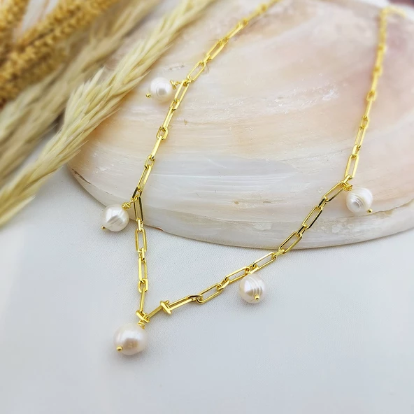 Vaoov 925 Ayar Gümüş Köşeli Zincirli İnci Kolye - Resim 2