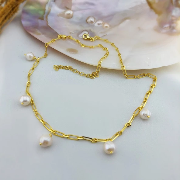 Vaoov 925 Ayar Gümüş Köşeli Zincirli İnci Kolye - Resim 6