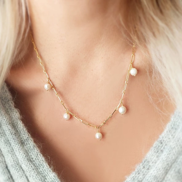 Vaoov 925 Ayar Gümüş Köşeli Zincirli İnci Kolye ürün görseli