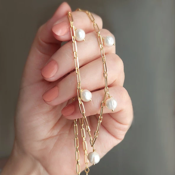 Vaoov 925 Ayar Gümüş Köşeli Zincirli İnci Kolye - Resim 4