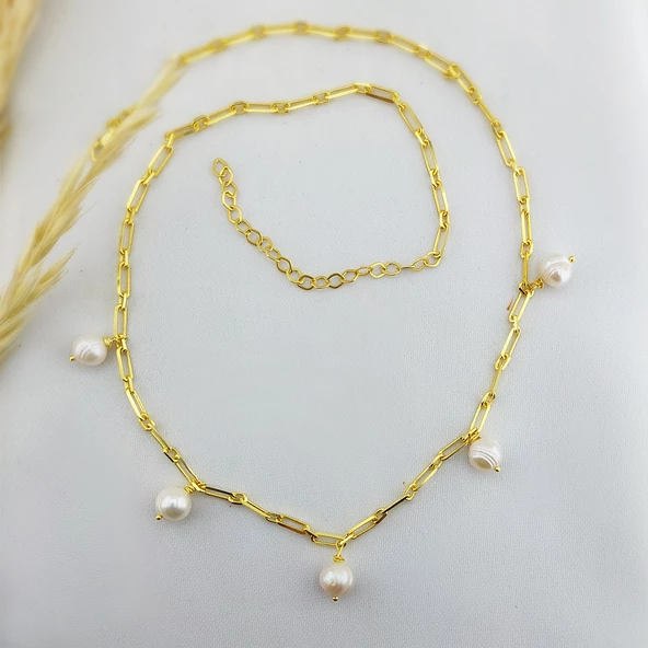 Vaoov 925 Ayar Gümüş Köşeli Zincirli İnci Kolye - Resim 5