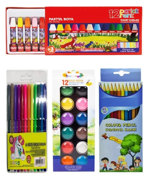 Eko Kırtasiye Seti 4 Parça (12 Renk Kuru Boya + Sulu Boya + Pastel Boya+ Keçeli Kalem) ürün görseli