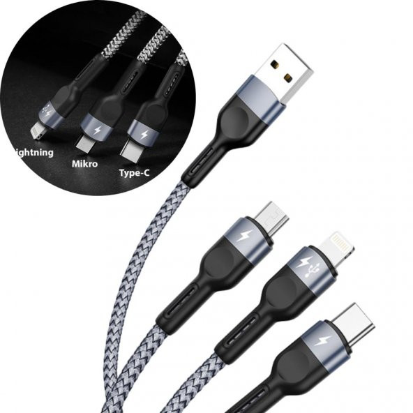 Polham 1.3 Metre 3in1 USB to Type-C, Micro USB ve iPhone Lightning Şarj ve Data Kablosu,Yıpranmaz Kablo