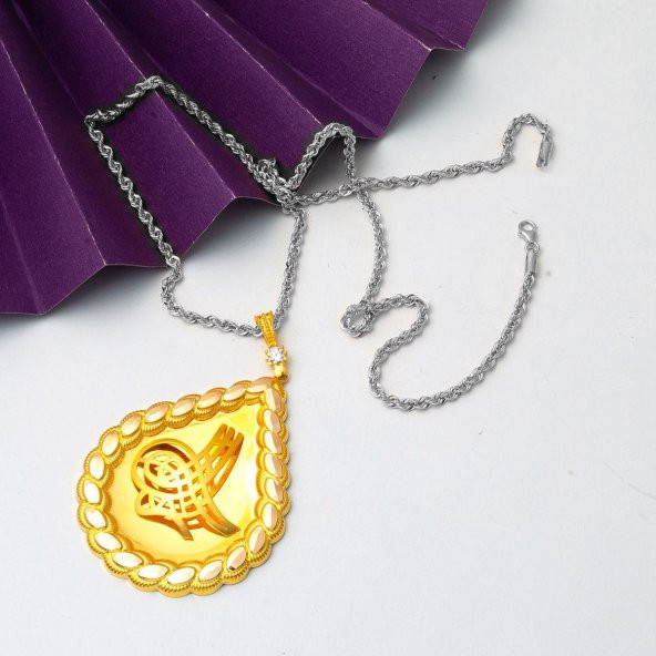 Pul Dizili Zincirsiz 14 Ayar Altın Tuğralı Kolye - Resim 4