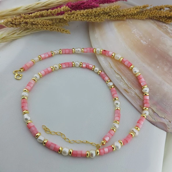 Vaoov 925 Ayar Gümüş Pembe Sedef Taşlı İnci Kolye - Resim 2