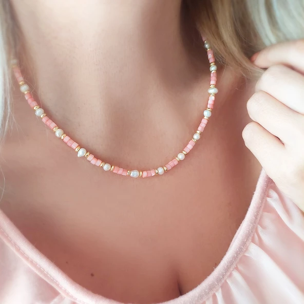 Vaoov 925 Ayar Gümüş Pembe Sedef Taşlı İnci Kolye - Resim 7