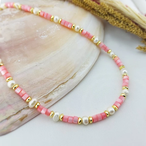 Vaoov 925 Ayar Gümüş Pembe Sedef Taşlı İnci Kolye - Resim 4