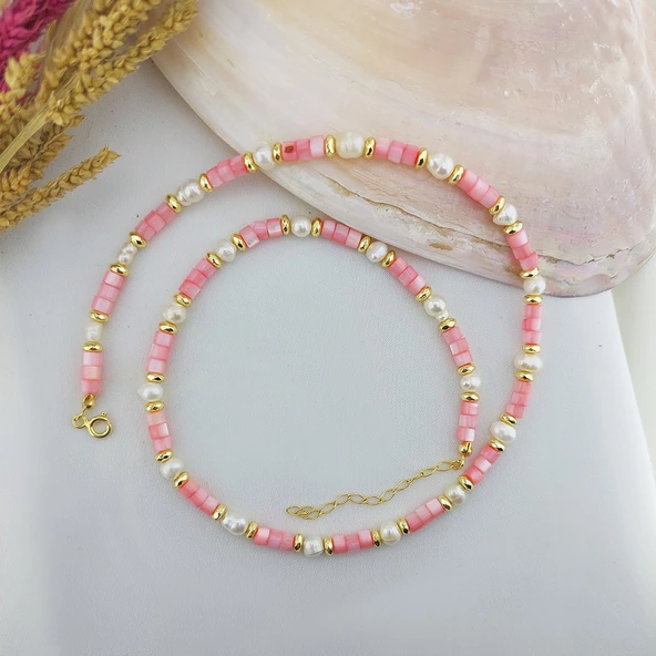 Vaoov 925 Ayar Gümüş Pembe Sedef Taşlı İnci Kolye - Resim 6