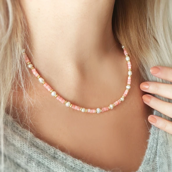 Vaoov 925 Ayar Gümüş Pembe Sedef Taşlı İnci Kolye - Resim 3