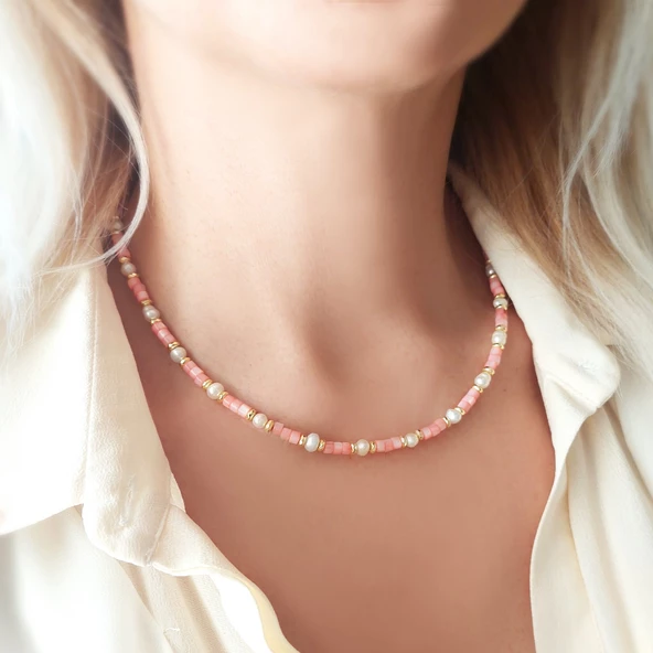 Vaoov 925 Ayar Gümüş Pembe Sedef Taşlı İnci Kolye ürün görseli