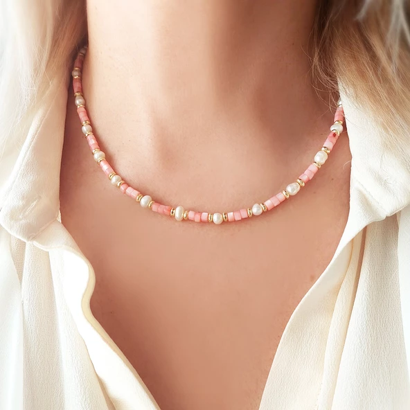 Vaoov 925 Ayar Gümüş Pembe Sedef Taşlı İnci Kolye - Resim 5