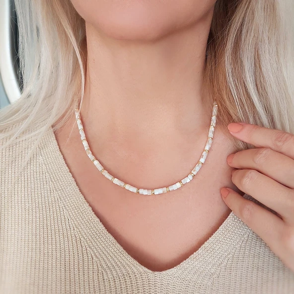 Vaoov 925 Ayar Gümüş Sedef ve Hematit Taşlı Kolye - Resim 5