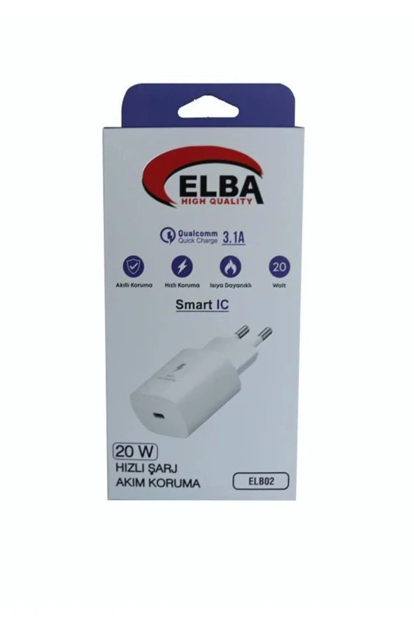 Elba Beyaz 20W USB-C Şarj Kafa PD 3.0-QC4.0 (Akıllı Koruma-Hızlı Şarj-Isıya Dayanıklı)