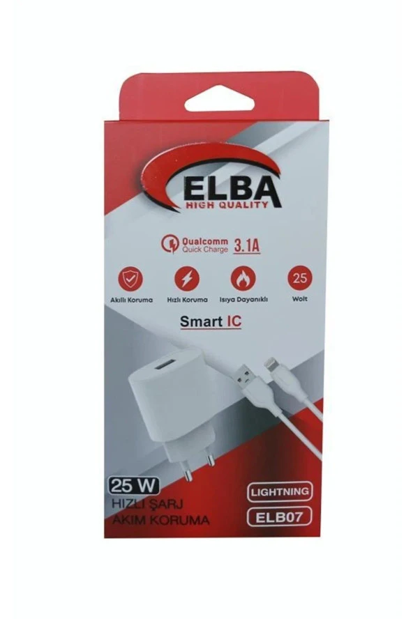 Elba Beyaz 25W Usb Ev Şarj Kafa+ Usb 1 Metre Lightning Kablo QC4.0 Hızlı Şarj