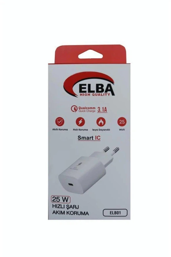 Elba Beyaz 25W Şarj Kafa Type USB-C PD3.0-QC4.0 (Akım Koruma-Hızlı Şarj-Isıya Dayanıklı)