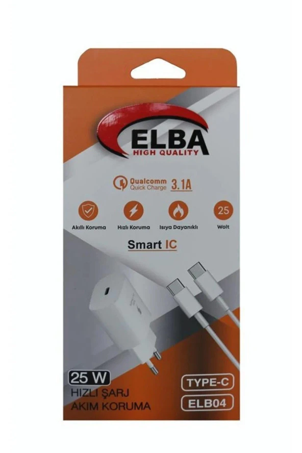 Elba Beyaz 25W Usb-c Ev Şarj Kafa + 1 Metre Type-c To Type-c Kablo PD3.0-QC4.0 Hızlı Şarj