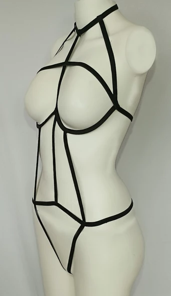 ASM1138 Kadın Siyah Kesişen Yollar Bady Suit - 5