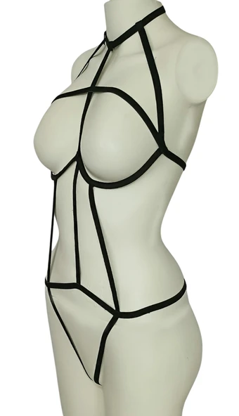 ASM1138 Kadın Siyah Kesişen Yollar Bady Suit - 2
