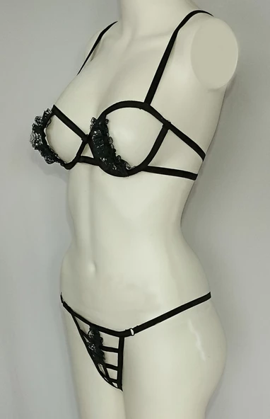 ASM1134 Kadın 2 li Siyah Kafesler Ardında Südyen Takım - Resim 5