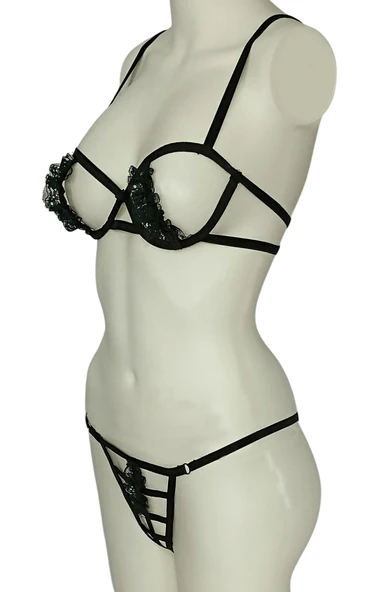 ASM1134 Kadın 2 li Siyah Kafesler Ardında Südyen Takım - Resim 2