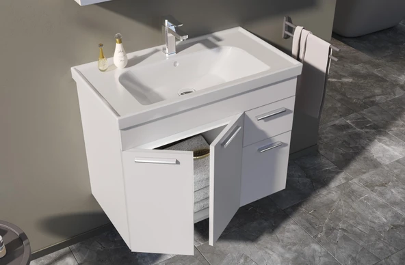 Orka Enez 80 cm Beyaz Banyo Dolabı Alt Modül ve Lavabo