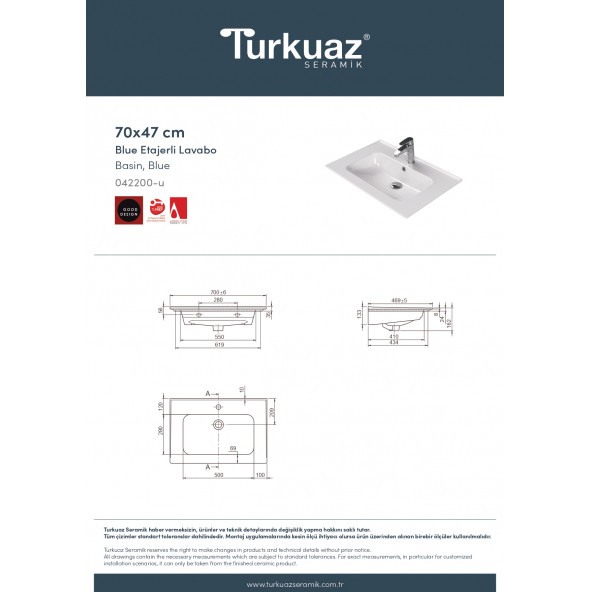 Turkuaz Cerastyle Turkuaz Blue Etajerli Lavabo 70x47 cm - 6