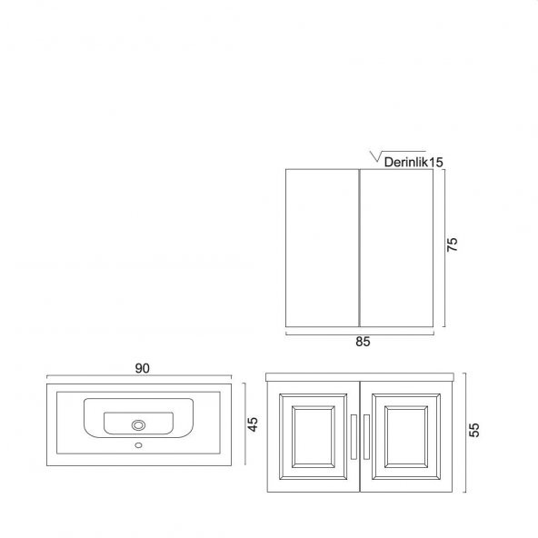Denko Royal 90 cm MDF Antrasit Gri Banyo Dolabı Takımı - Resim 3
