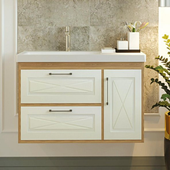 Denko Tokyo 85cm MDF Ud Banyo Dolabı Alt Modül ve Seramik Lavabo