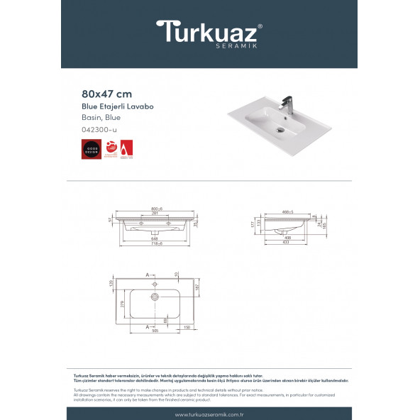 Turkuaz Seramik Cerastyle Blue Serisi 80 x 47 Cm Etajerli Lavabo - 6