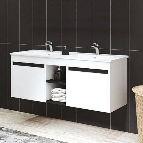Denko Twin 120 cm MDF Beyaz Banyo Dolabı Alt Modül ve Lavabo