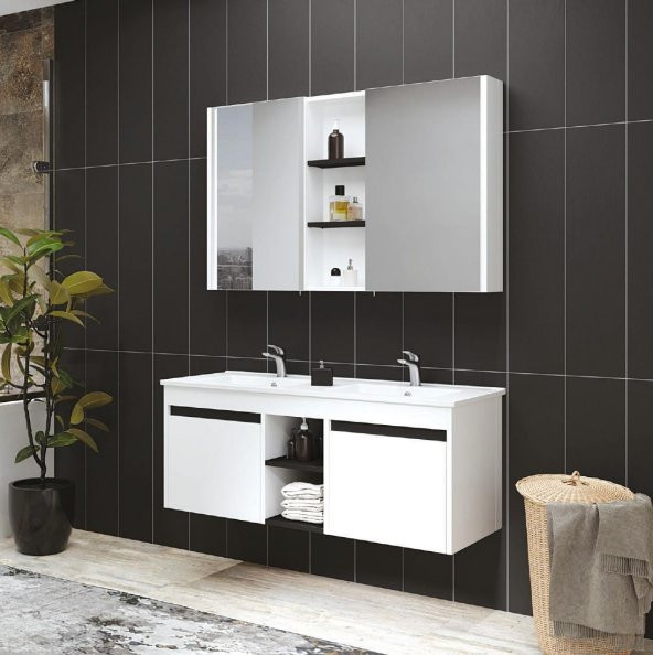 Denko Twin 120 cm MDF Beyaz Banyo Dolabı Takımı