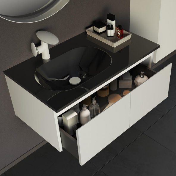 Orka Lisbon 90 cm Mat Beyaz Banyo Dolabı Alt Modül ve Lavabo - Resim 3