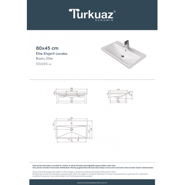 Turkuaz Seramik Cerastyle Elite Serisi 80 x 45 Cm Etajerli Lavabo - 5