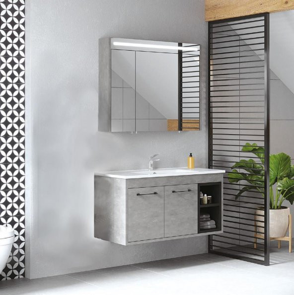 Denko Latte 100 cm MDF Retro Gümüş Banyo Dolabı Takımı