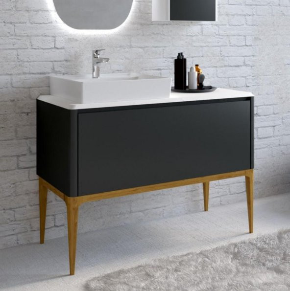 Denko Selanik 105 cm MDF Füme Banyo Dolabı Alt Modül ve Lavabo
