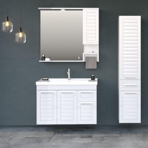 Orka Perge 100 cm MDF Beyaz Banyo Dolabı Takımı ve Sepetli Boy Dolabı