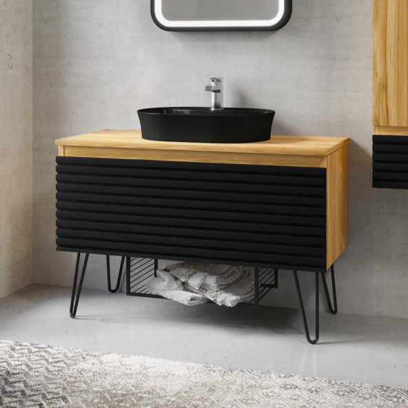 Denko Taylan 100 cm MDF Siyah Banyo Dolabı Takımı ve Boy Dolabı - 3
