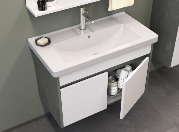 Orka Aydos 85 cm Retro Gümüş/Beyaz Banyo Dolabı Takımı - Resim 2