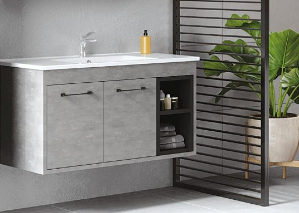 Denko Latte 100 cm MDF Retro Gümüş Banyo Dolabı Takımı ve Boy Dolabı - 2