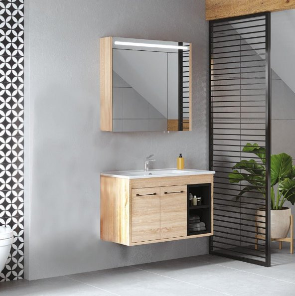 Denko Latte 85 cm MDF Sonoma Banyo Dolabı Alt Modül ve Lavabo - Resim 2