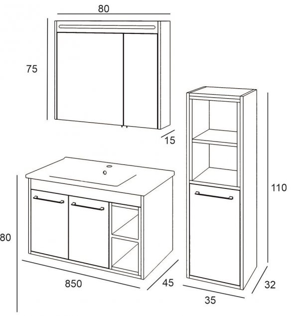 Denko Latte 85 cm MDF Sonoma Banyo Dolabı Takımı ve Boy Dolabı - Resim 3
