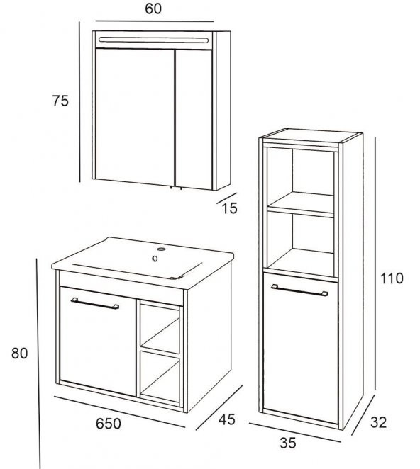 Denko Latte 65 cm MDF Beyaz Banyo Dolabı Takımı ve Boy Dolabı - Resim 3