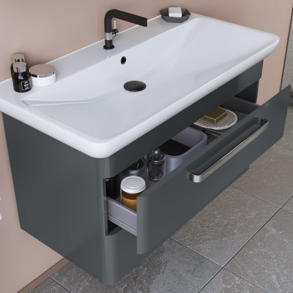 Orka Rose 100 cm Parlak Gri Banyo Dolabı Alt Modül ve Lavabo - 3