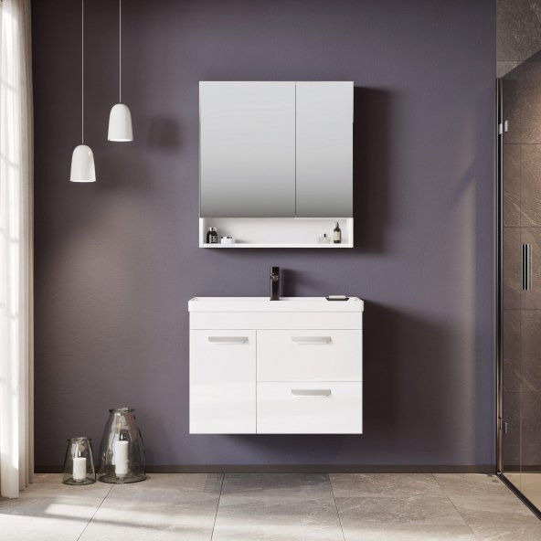 Orka Nova 80 cm MDF Beyaz Banyo Dolabı Alt Modül ve Lavabo - Resim 2