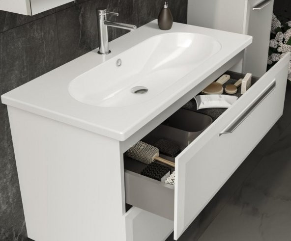 Orka Nuvola 100 cm MDF Beyaz Banyo Dolabı Alt Modül ve Lavabo