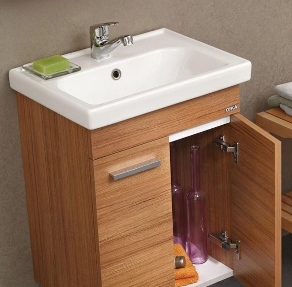 Orka Enez 65 cm MDF Teak Banyo Dolabı Alt Modül ve Lavabo