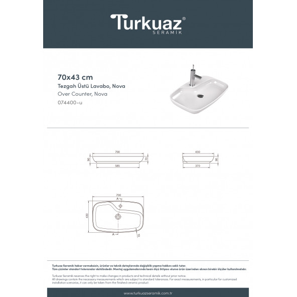 Turkuaz Nova Tezgah Üstü Lavabo 70 Cm - 4