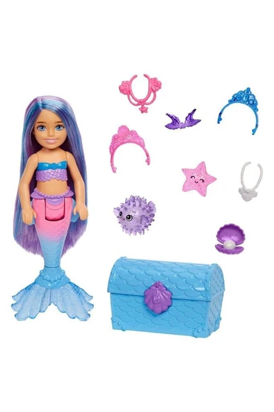 Barbie Chelsea Deniz Kızı Bebeği, 2 Hayvan Dostu, Hazine Sandığı, Aksesuarları ve Rengarenk Saçlarıyla, 3 Yaş ve Üzeri