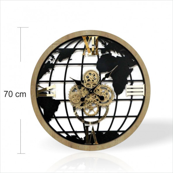 Dev Büyük Gerçek Ahşap 70cm Dönen Çark Mekanizmalı Dünya Haritası Salon Ofis Resepsiyon Duvar Saati - Resim 2